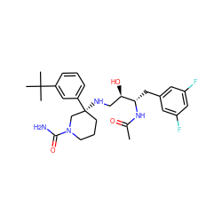 CC(=O)N[C@@H](Cc1cc(F)cc(F)c1)[C@H](O)CN[C@]1(c2cccc(C(C)(C)C)c2)CCCN(C(N)=O)C1 ZINC000045259217