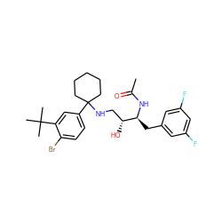 CC(=O)N[C@@H](Cc1cc(F)cc(F)c1)[C@H](O)CNC1(c2ccc(Br)c(C(C)(C)C)c2)CCCCC1 ZINC000064548338