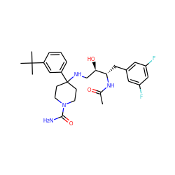 CC(=O)N[C@@H](Cc1cc(F)cc(F)c1)[C@H](O)CNC1(c2cccc(C(C)(C)C)c2)CCN(C(N)=O)CC1 ZINC000045318686