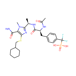 CC(=O)N[C@@H](Cc1ccc(C(F)(F)P(=O)(O)O)cc1)C(=O)N[C@H](C)c1nc(SCC2CCCCC2)c(C(N)=O)n1C ZINC000028261772