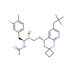 CC(=O)N[C@@H](Cc1ccc(C)c(F)c1)[C@H](O)CN[C@H]1CC2(CCC2)Oc2ncc(CC(C)(C)C)cc21 ZINC000095574256