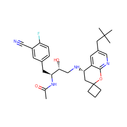 CC(=O)N[C@@H](Cc1ccc(F)c(C#N)c1)[C@H](O)CN[C@H]1CC2(CCC2)Oc2ncc(CC(C)(C)C)cc21 ZINC000095572945