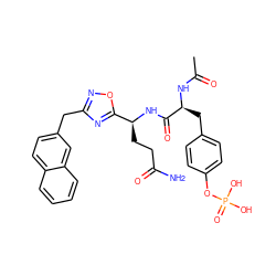 CC(=O)N[C@@H](Cc1ccc(OP(=O)(O)O)cc1)C(=O)N[C@@H](CCC(N)=O)c1nc(Cc2ccc3ccccc3c2)no1 ZINC000014944828