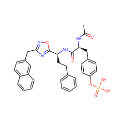 CC(=O)N[C@@H](Cc1ccc(OP(=O)(O)O)cc1)C(=O)N[C@@H](CCc1ccccc1)c1nc(Cc2ccc3ccccc3c2)no1 ZINC000014944841