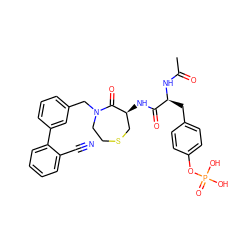 CC(=O)N[C@@H](Cc1ccc(OP(=O)(O)O)cc1)C(=O)N[C@H]1CSCCN(Cc2cccc(-c3ccccc3C#N)c2)C1=O ZINC000026189785