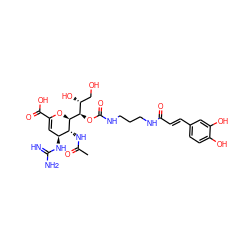 CC(=O)N[C@@H]1[C@@H](NC(=N)N)C=C(C(=O)O)O[C@H]1[C@H](OC(=O)NCCCNC(=O)/C=C/c1ccc(O)c(O)c1)[C@H](O)CO ZINC000095562666
