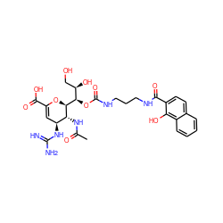 CC(=O)N[C@@H]1[C@@H](NC(=N)N)C=C(C(=O)O)O[C@H]1[C@H](OC(=O)NCCCNC(=O)c1ccc2ccccc2c1O)[C@H](O)CO ZINC000095563316