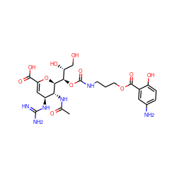 CC(=O)N[C@@H]1[C@@H](NC(=N)N)C=C(C(=O)O)O[C@H]1[C@H](OC(=O)NCCCOC(=O)c1cc(N)ccc1O)[C@H](O)CO ZINC000095563744