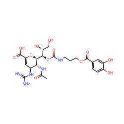 CC(=O)N[C@@H]1[C@@H](NC(=N)N)C=C(C(=O)O)O[C@H]1[C@H](OC(=O)NCCCOC(=O)c1ccc(O)c(O)c1)[C@H](O)CO ZINC000095563385
