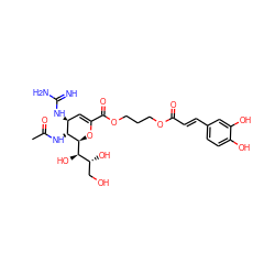 CC(=O)N[C@@H]1[C@@H](NC(=N)N)C=C(C(=O)OCCCOC(=O)/C=C/c2ccc(O)c(O)c2)O[C@H]1[C@H](O)[C@H](O)CO ZINC000095562387