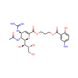 CC(=O)N[C@@H]1[C@@H](NC(=N)N)C=C(C(=O)OCCCOC(=O)c2cc(N)ccc2O)O[C@H]1[C@H](O)[C@H](O)CO ZINC000095561043