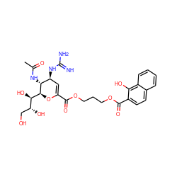 CC(=O)N[C@@H]1[C@@H](NC(=N)N)C=C(C(=O)OCCCOC(=O)c2ccc3ccccc3c2O)O[C@H]1[C@H](O)[C@H](O)CO ZINC000072111514