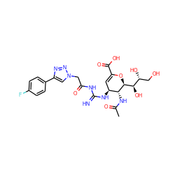 CC(=O)N[C@@H]1[C@@H](NC(=N)NC(=O)Cn2cc(-c3ccc(F)cc3)nn2)C=C(C(=O)O)O[C@H]1[C@H](O)[C@H](O)CO ZINC001772605340