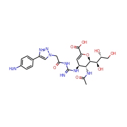CC(=O)N[C@@H]1[C@@H](NC(=N)NC(=O)Cn2cc(-c3ccc(N)cc3)nn2)C=C(C(=O)O)O[C@H]1[C@H](O)[C@H](O)CO ZINC001772575945