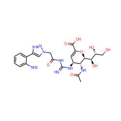 CC(=O)N[C@@H]1[C@@H](NC(=N)NC(=O)Cn2cc(-c3ccccc3N)nn2)C=C(C(=O)O)O[C@H]1[C@H](O)[C@H](O)CO ZINC001772636515