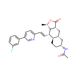 CC(=O)N[C@@H]1CC[C@@H]2[C@@H](C1)C[C@H]1C(=O)O[C@H](C)[C@H]1[C@H]2/C=C/c1ccc(-c2cccc(F)c2)cn1 ZINC000038909999