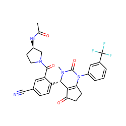 CC(=O)N[C@@H]1CCN(C(=O)c2cc(C#N)ccc2[C@H]2C3=C(CCC3=O)N(c3cccc(C(F)(F)F)c3)C(=O)N2C)C1 ZINC001772570320