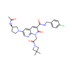 CC(=O)N[C@@H]1CCN(c2cnc3c(c2)cc(C(=O)NCc2ccc(Cl)cc2)c(=O)n3CC(=O)N2CC(C)(C)C2)C1 ZINC001772576118