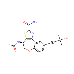 CC(=O)N[C@@H]1COc2ccc(C#CC(C)(C)O)cc2-c2nc(C(N)=O)sc21 ZINC000205787882