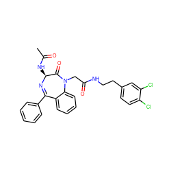 CC(=O)N[C@@H]1N=C(c2ccccc2)c2ccccc2N(CC(=O)NCCc2ccc(Cl)c(Cl)c2)C1=O ZINC000028756335