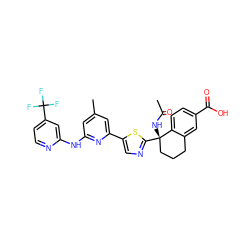 CC(=O)N[C@]1(c2ncc(-c3cc(C)cc(Nc4cc(C(F)(F)F)ccn4)n3)s2)CCCc2cc(C(=O)O)ccc21 ZINC000142082266