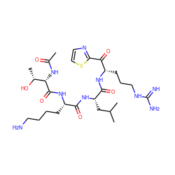 CC(=O)N[C@H](C(=O)N[C@@H](CCCCN)C(=O)N[C@@H](CC(C)C)C(=O)N[C@@H](CCCNC(=N)N)C(=O)c1nccs1)[C@@H](C)O ZINC000299840368