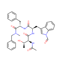 CC(=O)N[C@H](C(=O)N[C@H](Cc1cn(C=O)c2ccccc12)C(=O)N[C@@H](Cc1ccccc1)C(=O)N(C)Cc1ccccc1)[C@@H](C)O ZINC000003933944