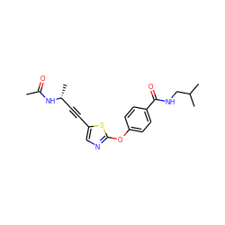 CC(=O)N[C@H](C)C#Cc1cnc(Oc2ccc(C(=O)NCC(C)C)cc2)s1 ZINC000036184992