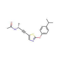 CC(=O)N[C@H](C)C#Cc1cnc(Oc2ccc(C(C)C)cc2)s1 ZINC000012339882