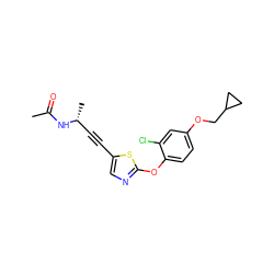 CC(=O)N[C@H](C)C#Cc1cnc(Oc2ccc(OCC3CC3)cc2Cl)s1 ZINC000012339923