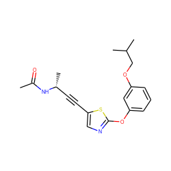 CC(=O)N[C@H](C)C#Cc1cnc(Oc2cccc(OCC(C)C)c2)s1 ZINC000012339936