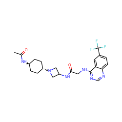 CC(=O)N[C@H]1CC[C@H](N2CC(NC(=O)CNc3ncnc4ccc(C(F)(F)F)cc34)C2)CC1 ZINC000149149972