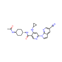 CC(=O)N[C@H]1CC[C@H](NC(=O)c2cnc(-n3ccc4cc(C#N)cnc43)cc2NC2CC2)CC1 ZINC001772573300