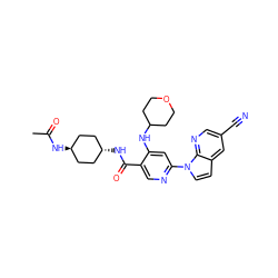 CC(=O)N[C@H]1CC[C@H](NC(=O)c2cnc(-n3ccc4cc(C#N)cnc43)cc2NC2CCOCC2)CC1 ZINC001772599521