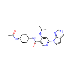 CC(=O)N[C@H]1CC[C@H](NC(=O)c2cnc(-n3ccc4cncnc43)cc2NC(C)C)CC1 ZINC001772640247