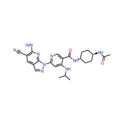 CC(=O)N[C@H]1CC[C@H](NC(=O)c2cnc(-n3ncc4cc(C#N)c(N)nc43)cc2NC(C)C)CC1 ZINC001772590880