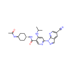 CC(=O)N[C@H]1CC[C@H](NC(=O)c2cnc(-n3ncc4cc(C#N)cnc43)cc2NC(C)C)CC1 ZINC001772577381