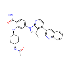 CC(=O)N[C@H]1CC[C@H](Nc2cc(-n3cc(C)c4c(-c5cnc6ccccc6c5)ccnc43)ccc2C(N)=O)CC1 ZINC000261149425