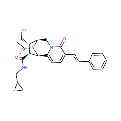 CC(=O)N1[C@@H]2Cn3c(ccc(/C=C/c4ccccc4)c3=O)[C@H]1[C@@H](C(=O)NCC1CC1)[C@@H]2CO ZINC000095880321