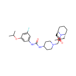 CC(=O)N1[C@H]2C=C(CN3CCC(NC(=O)Nc4cc(F)cc(OC(C)C)c4)CC3)C[C@H]1CCC2 ZINC000101134193