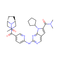 CC(=O)N1[C@H]2CC[C@H]1CN(C(=O)c1ccc(Nc3ncc4cc(C(=O)N(C)C)n(C5CCCC5)c4n3)nc1)C2 ZINC000215443955