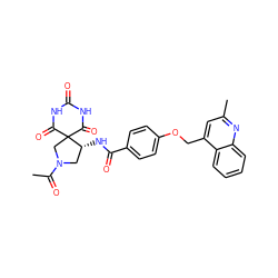 CC(=O)N1C[C@@H](NC(=O)c2ccc(OCc3cc(C)nc4ccccc34)cc2)C2(C1)C(=O)NC(=O)NC2=O ZINC000028892710