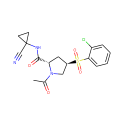 CC(=O)N1C[C@H](S(=O)(=O)c2ccccc2Cl)C[C@H]1C(=O)NC1(C#N)CC1 ZINC000103242370