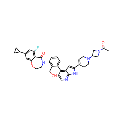 CC(=O)N1CC(N2CC=C(c3cc4c(-c5cccc(N6CCOc7cc(C8CC8)cc(F)c7C6=O)c5CO)ccnc4[nH]3)CC2)C1 ZINC001772585143