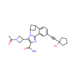 CC(=O)N1CC(c2c(C(N)=O)nc3n2C2CC(C2)c2ccc(C#CC4(O)CCCC4)cc2-3)C1 ZINC000215776090