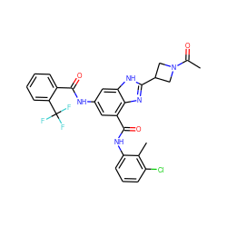 CC(=O)N1CC(c2nc3c(C(=O)Nc4cccc(Cl)c4C)cc(NC(=O)c4ccccc4C(F)(F)F)cc3[nH]2)C1 ZINC000218690068