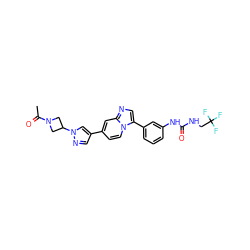 CC(=O)N1CC(n2cc(-c3ccn4c(-c5cccc(NC(=O)NCC(F)(F)F)c5)cnc4c3)cn2)C1 ZINC000169704677