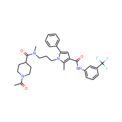 CC(=O)N1CCC(C(=O)N(C)CCCn2c(-c3ccccc3)cc(C(=O)Nc3cccc(C(F)(F)F)c3)c2C)CC1 ZINC000221028206