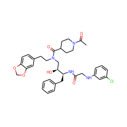 CC(=O)N1CCC(C(=O)N(CCc2ccc3c(c2)OCO3)C[C@H](O)[C@H](Cc2ccccc2)NC(=O)CNc2cccc(Cl)c2)CC1 ZINC000029222213