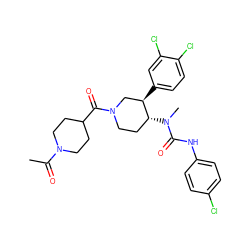 CC(=O)N1CCC(C(=O)N2CC[C@@H](N(C)C(=O)Nc3ccc(Cl)cc3)[C@H](c3ccc(Cl)c(Cl)c3)C2)CC1 ZINC000096177820